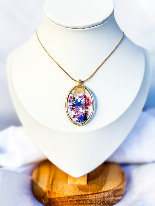 Gold Plated Brass oval with real flowers on 18k gold chain - Beadsmith