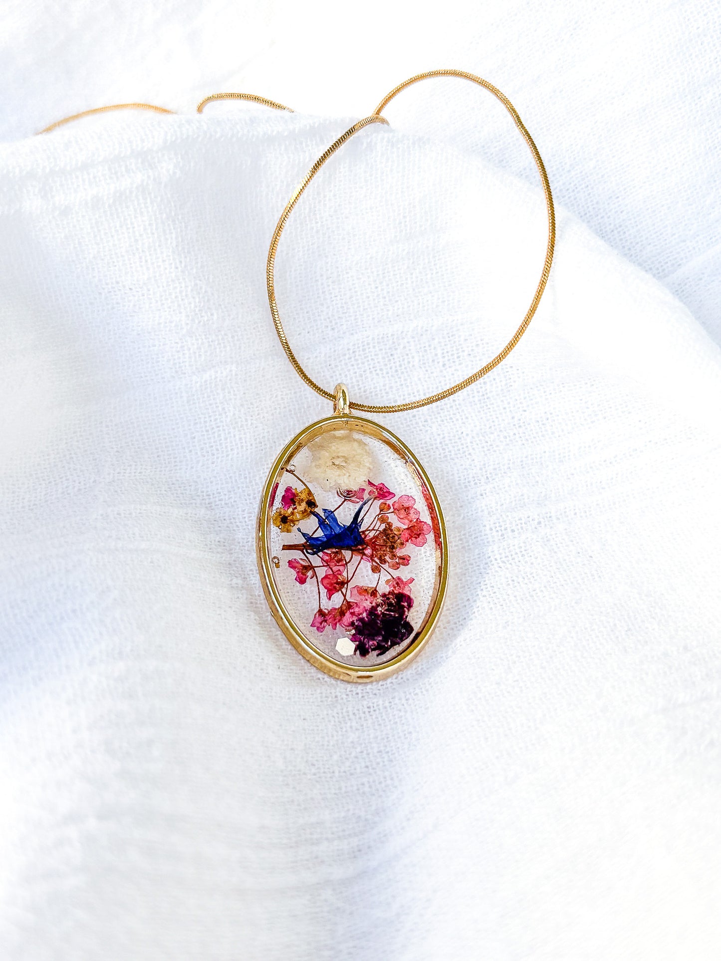 Gold Plated Brass oval with real flowers on 18k gold chain - Beadsmith