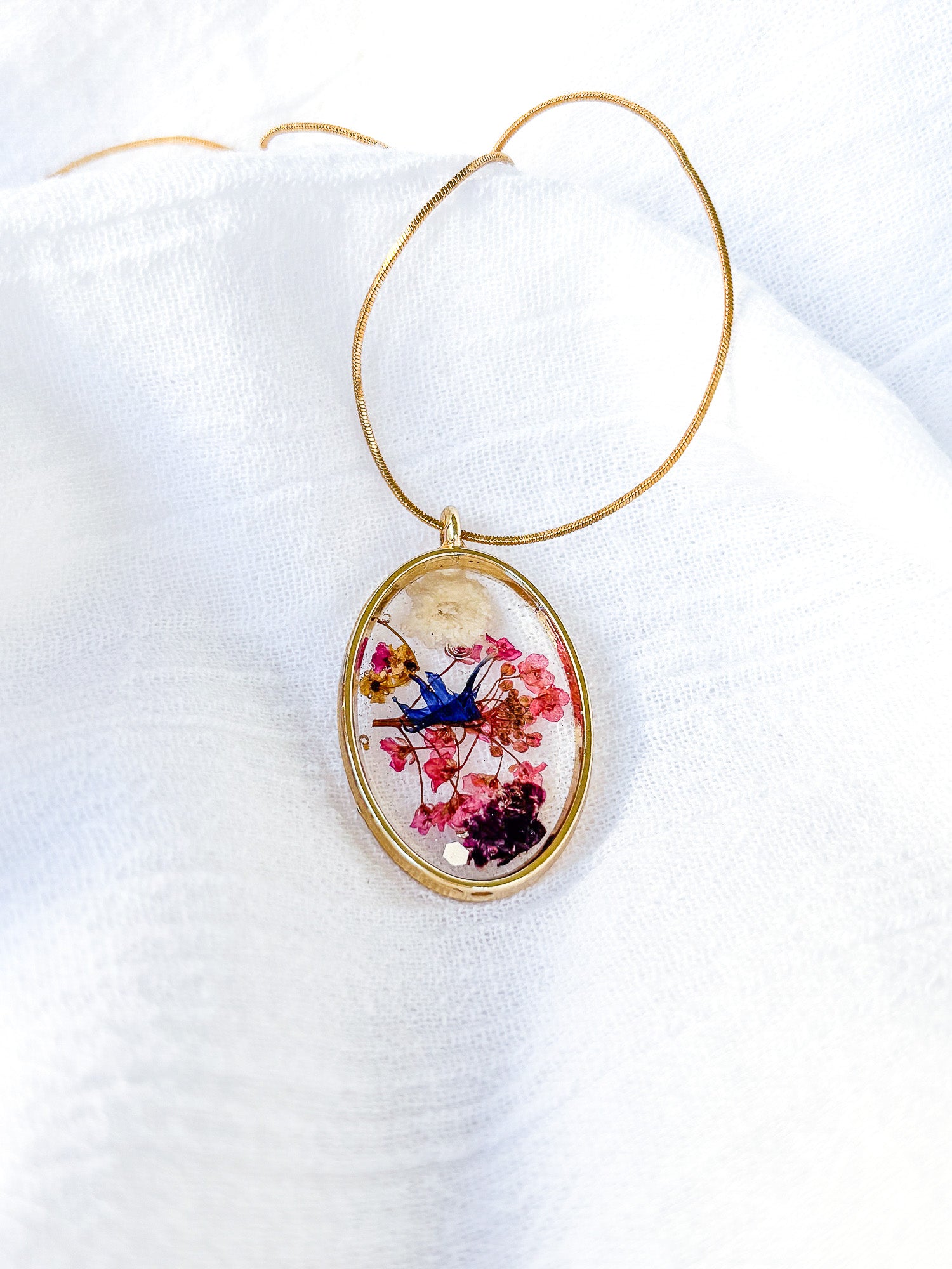 Gold Plated Brass oval with real flowers on 18k gold chain - Beadsmith