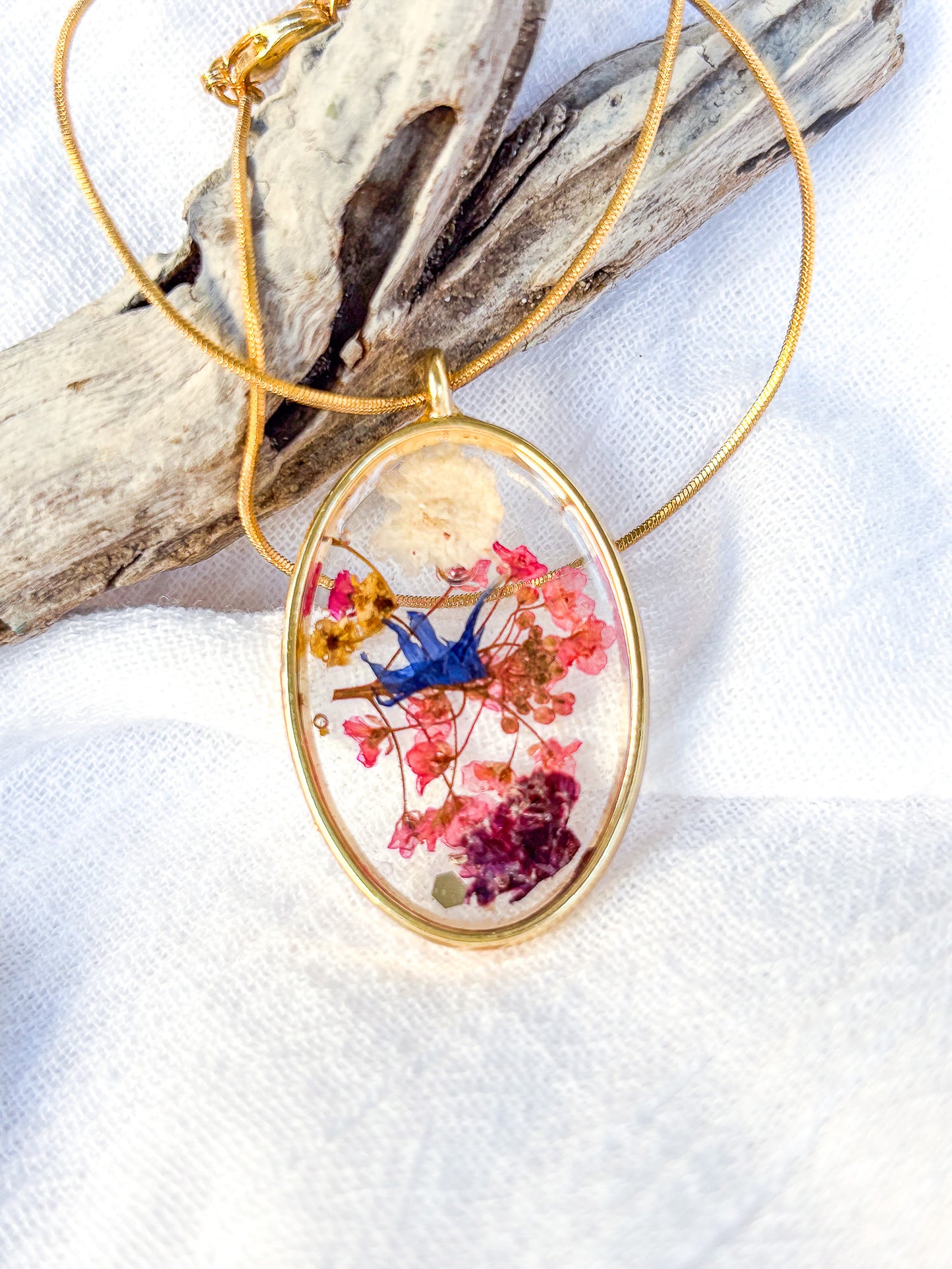 Gold Plated Brass oval with real flowers on 18k gold chain - Beadsmith
