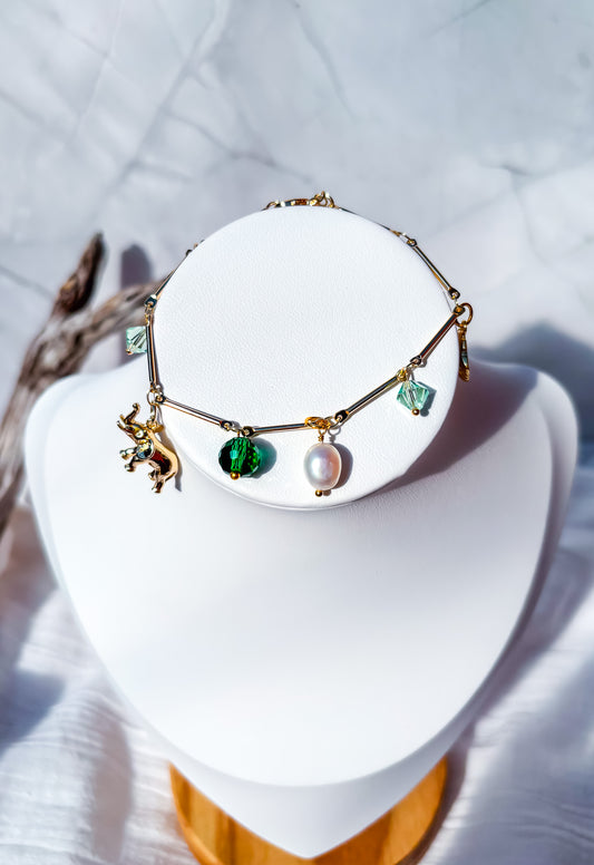 Gold Charm Bracelet with Handmade Charms, Freshwater Pearls & Green Crystals - Beadsmith