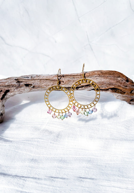 Brass Sunburst Open Disc Earrings with Rainbow Crystals - Beadsmith
