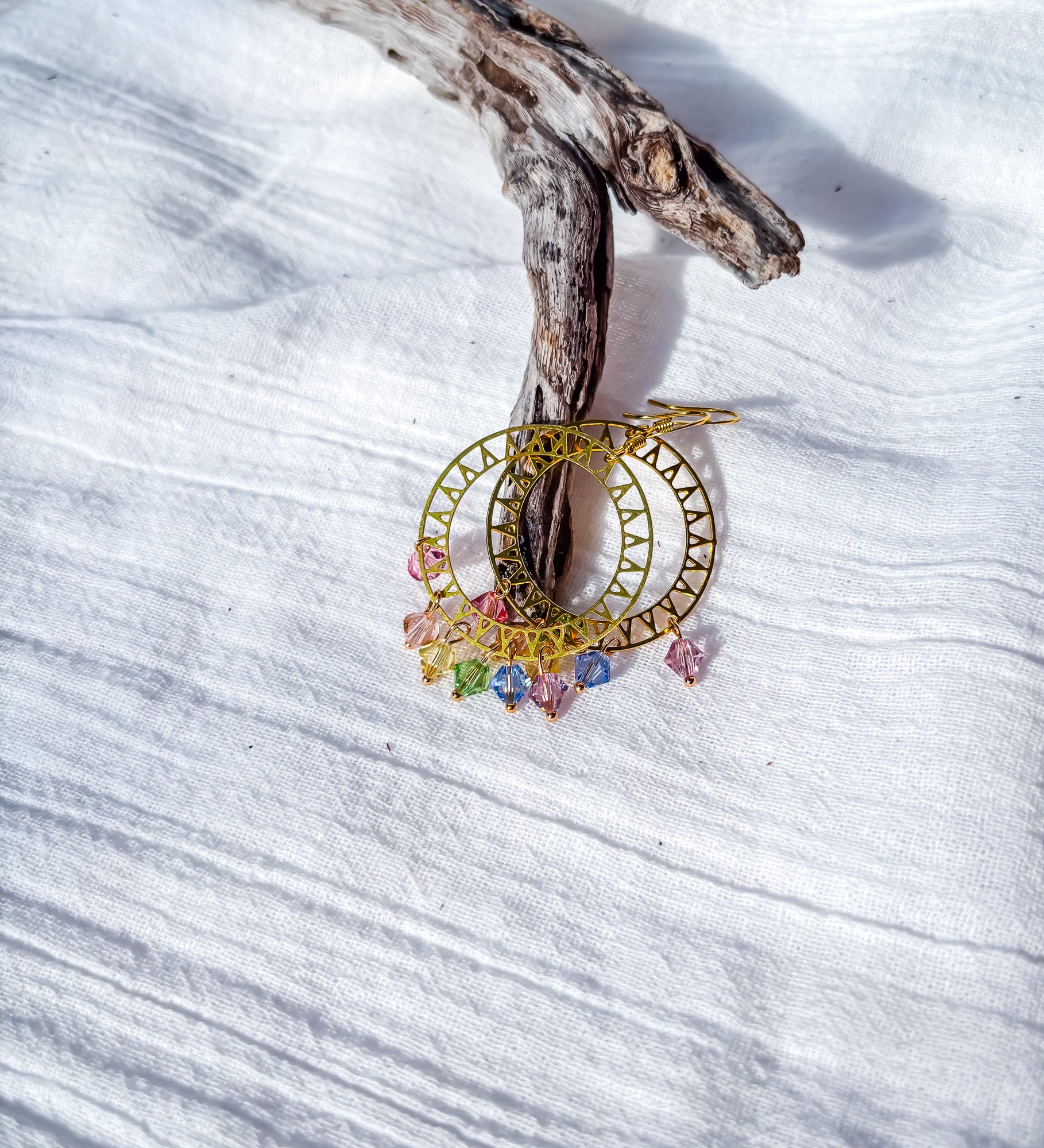 Brass Sunburst Open Disc Earrings with Rainbow Crystals - Beadsmith