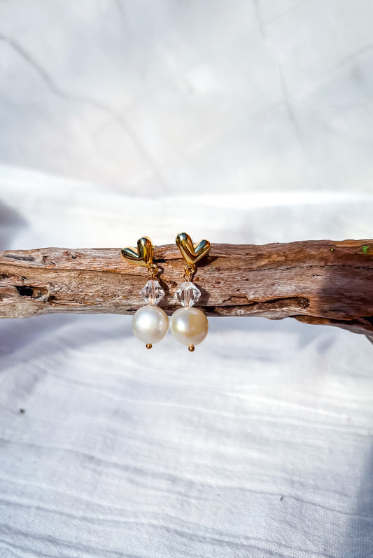 Freshwater Pearl & Crystal Drop Earrings on Gold Heart Studs - Beadsmith