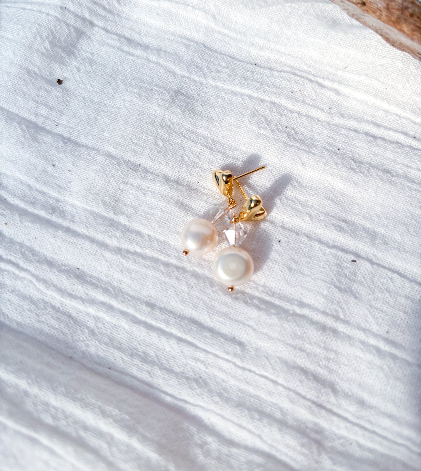 Freshwater Pearl & Crystal Drop Earrings on Gold Heart Studs - Beadsmith