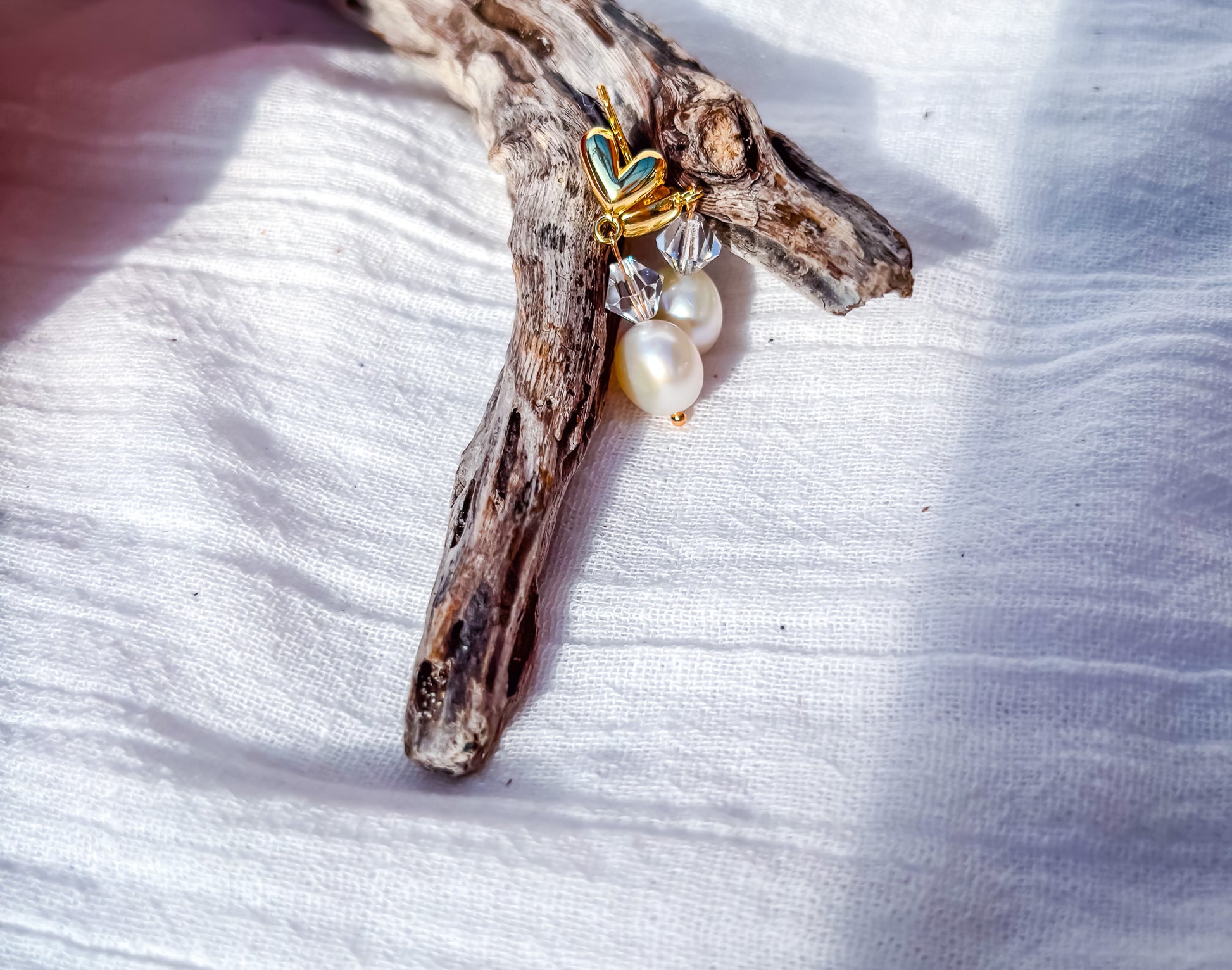 Freshwater Pearl & Crystal Drop Earrings on Gold Heart Studs - Beadsmith