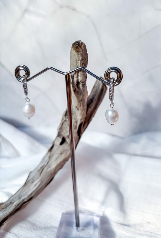 Elegant freshwater pearl drop earrings on Sterling Silver diamanté huggie hoops - Beadsmith