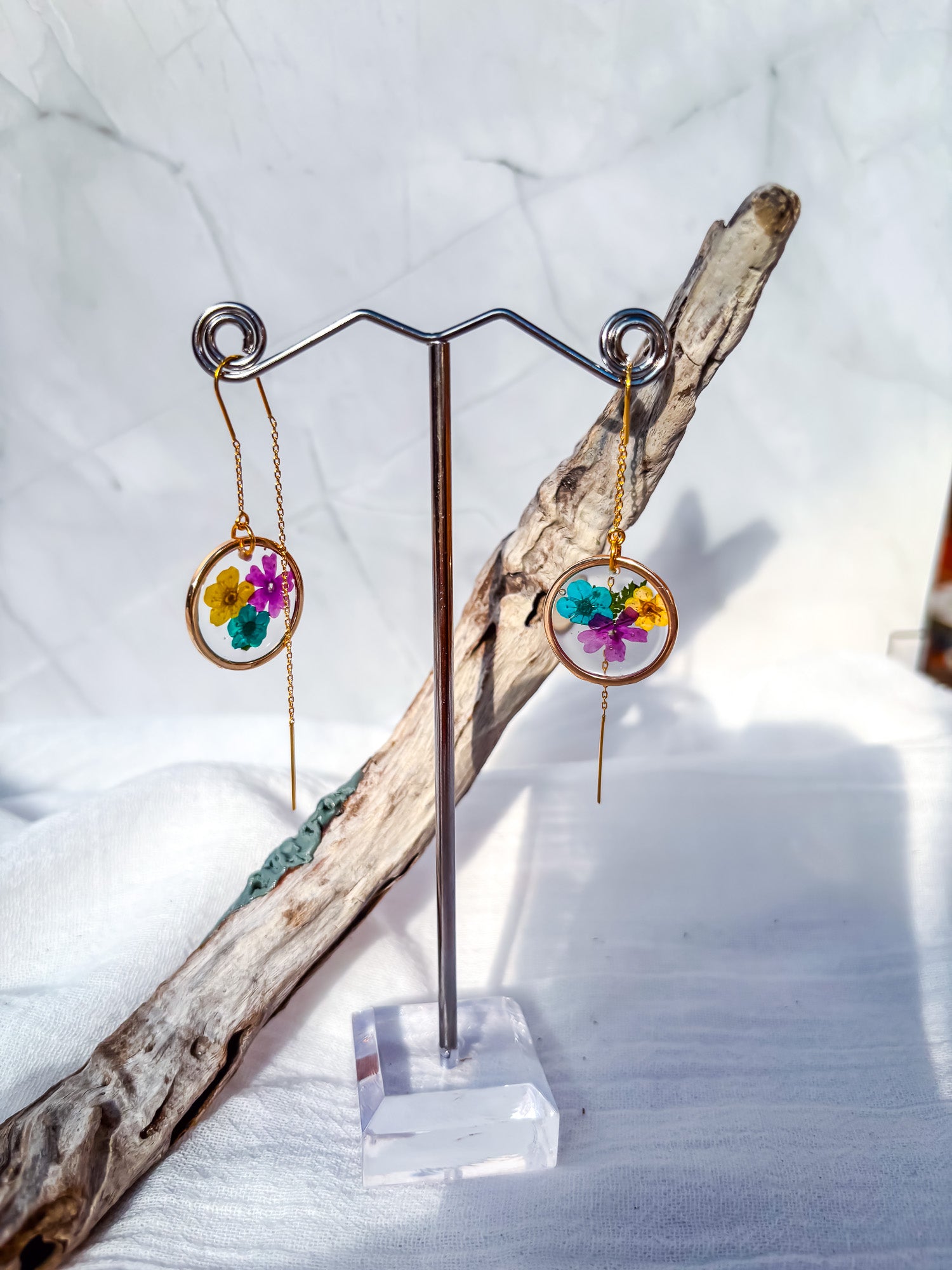 Multi-Colour Floral Disc Earrings on Gold Threader Drops - Beadsmith
