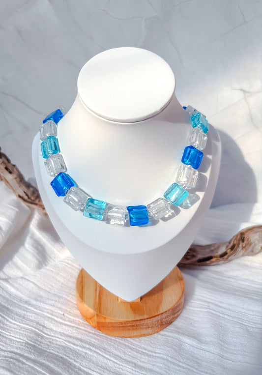 Fancy square beads in shades of blue and white necklace - Beadsmith