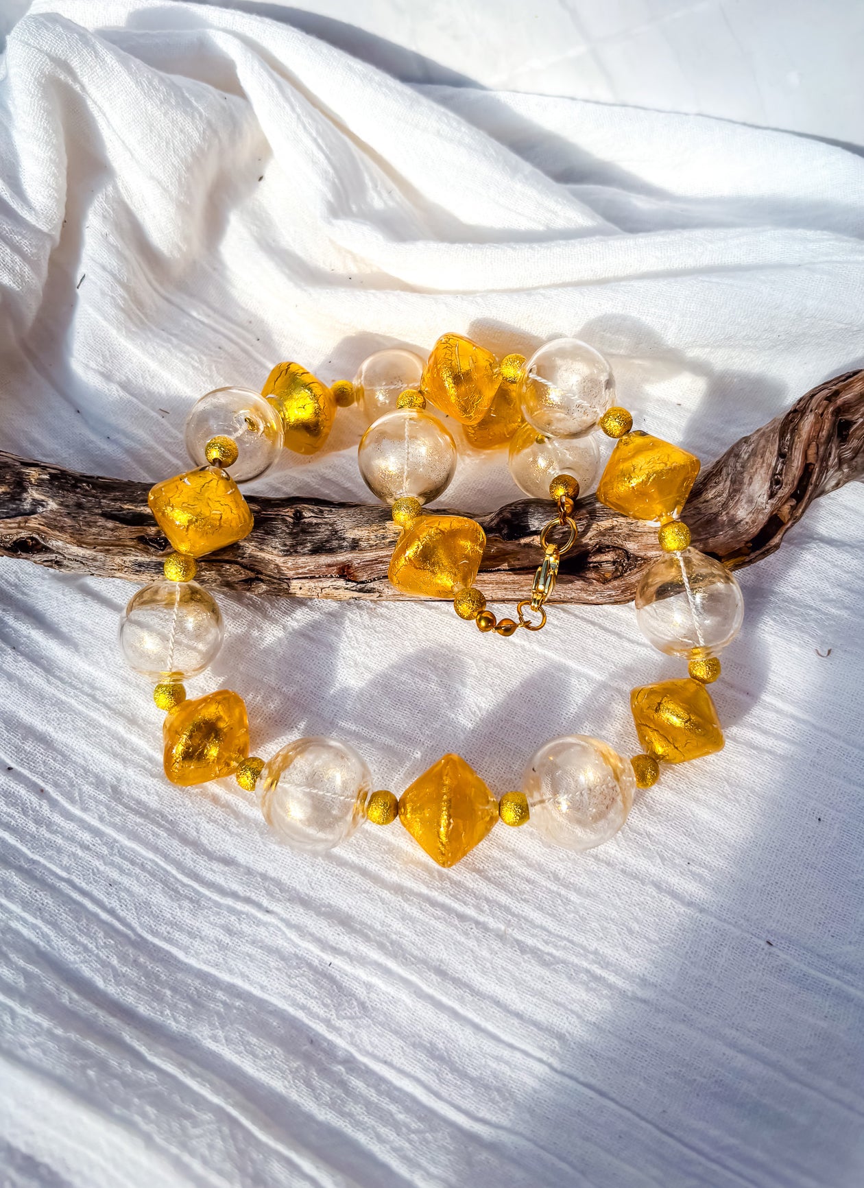 Stunning Handmade Venetian Glass Beads in Gold & Clear with Gold Details Necklace - Beadsmith