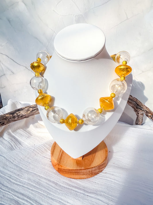 Stunning Handmade Venetian Glass Beads in Gold & Clear with Gold Details Necklace - Beadsmith