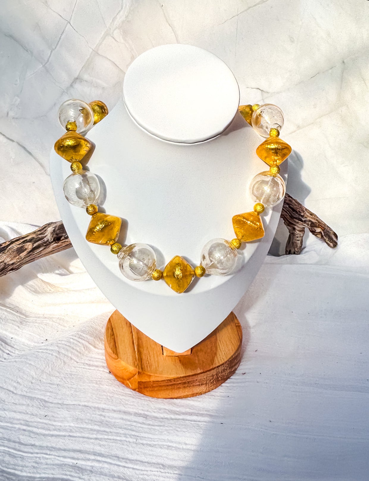 Stunning Handmade Venetian Glass Beads in Gold & Clear with Gold Details Necklace - Beadsmith