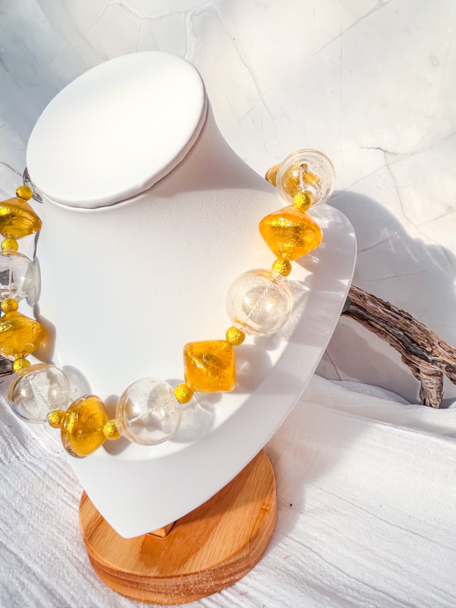 Stunning Handmade Venetian Glass Beads in Gold & Clear with Gold Details Necklace - Beadsmith