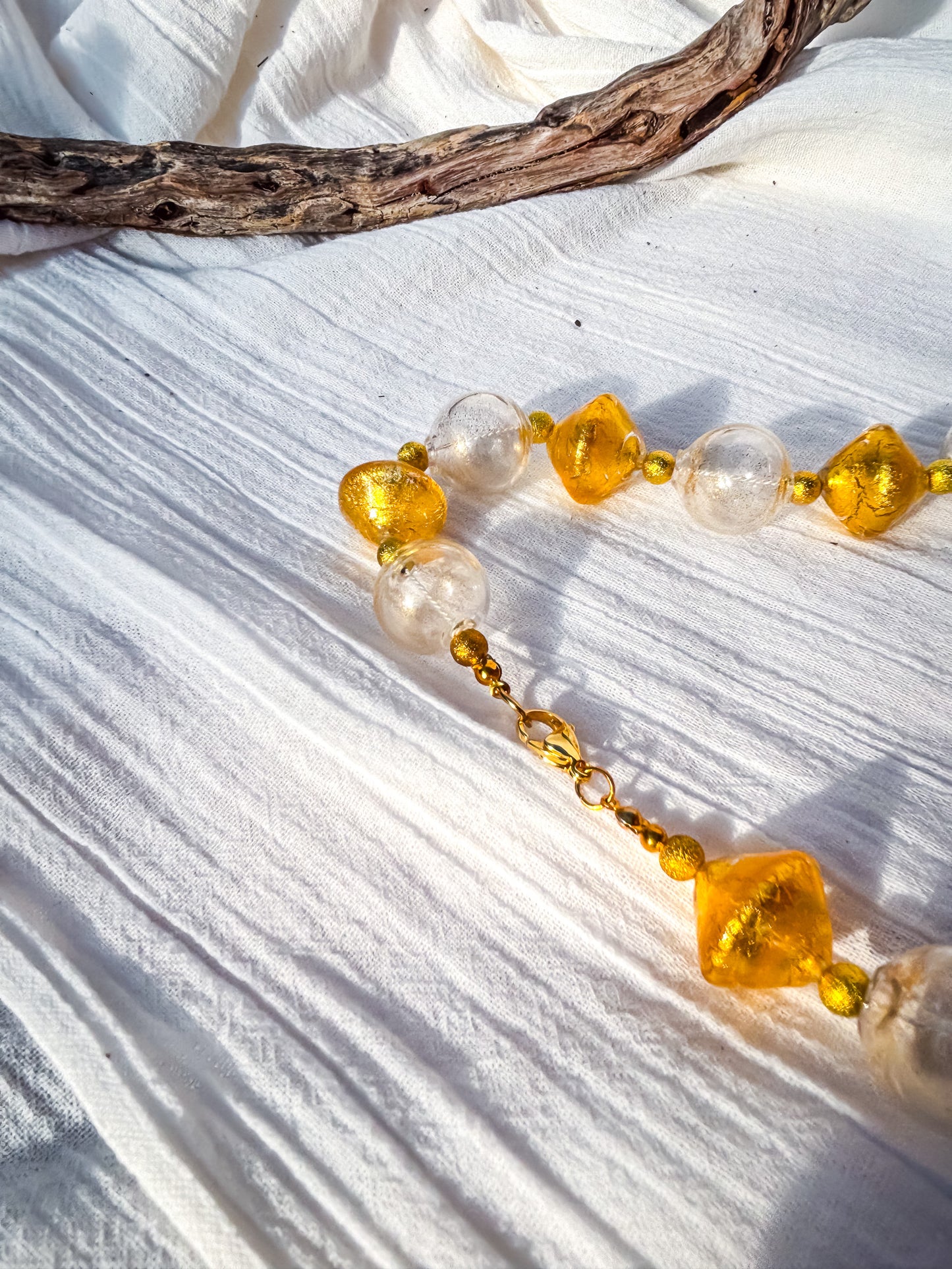 Stunning Handmade Venetian Glass Beads in Gold & Clear with Gold Details Necklace - Beadsmith