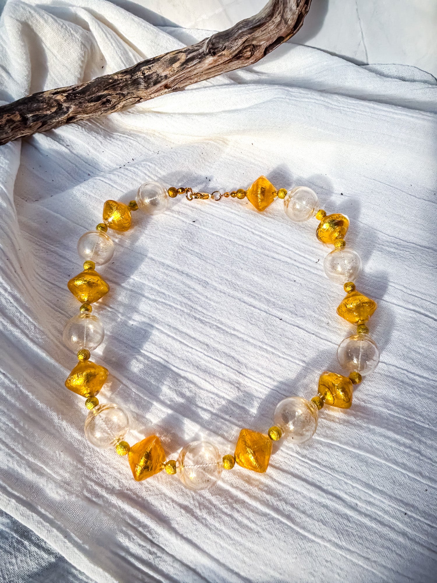 Stunning Handmade Venetian Glass Beads in Gold & Clear with Gold Details Necklace - Beadsmith