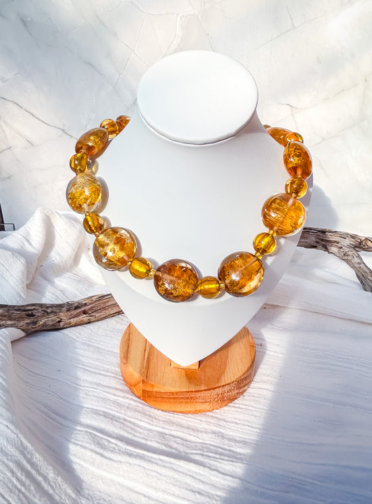Venetian Handmade Round Disc Beads in Amber & Gold Necklace - Beadsmith