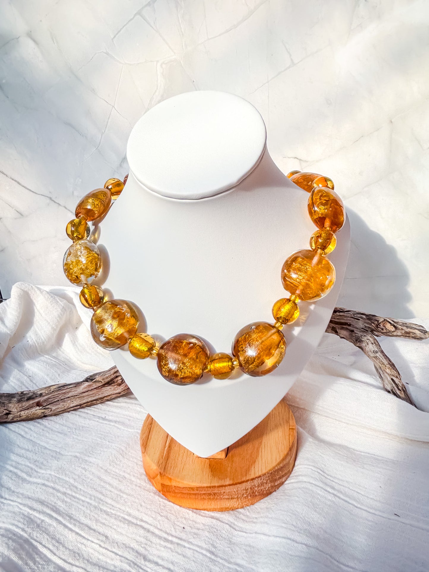Venetian Handmade Round Disc Beads in Amber & Gold Necklace - Beadsmith