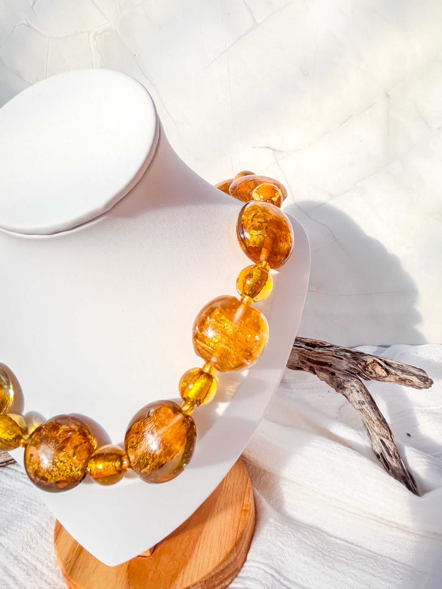 Venetian Handmade Round Disc Beads in Amber & Gold Necklace - Beadsmith