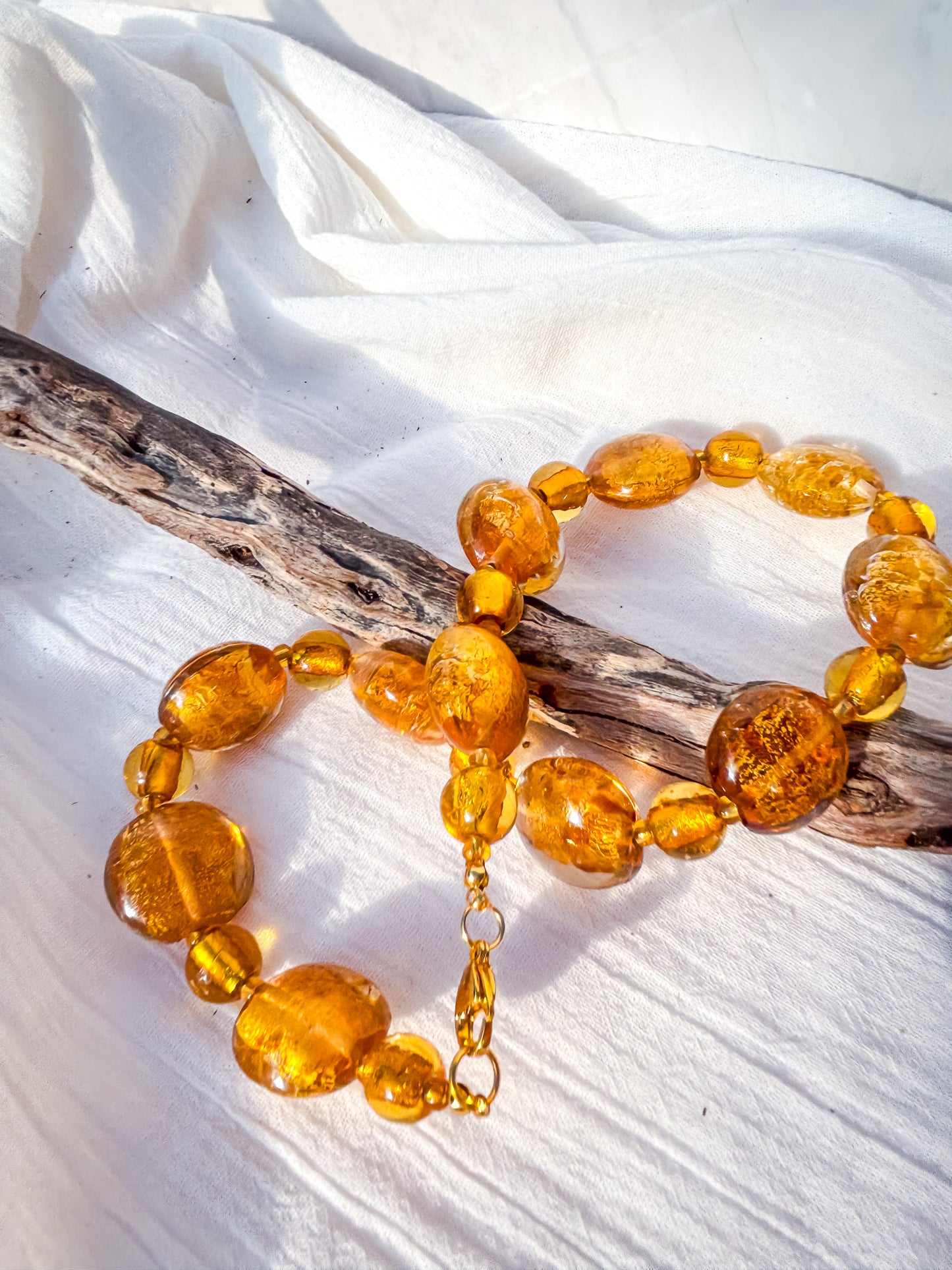 Venetian Handmade Round Disc Beads in Amber & Gold Necklace - Beadsmith