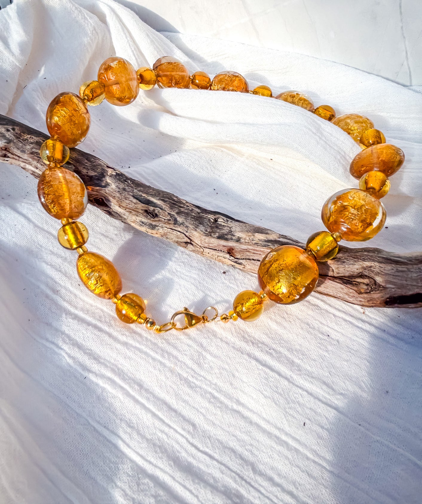 Venetian Handmade Round Disc Beads in Amber & Gold Necklace - Beadsmith