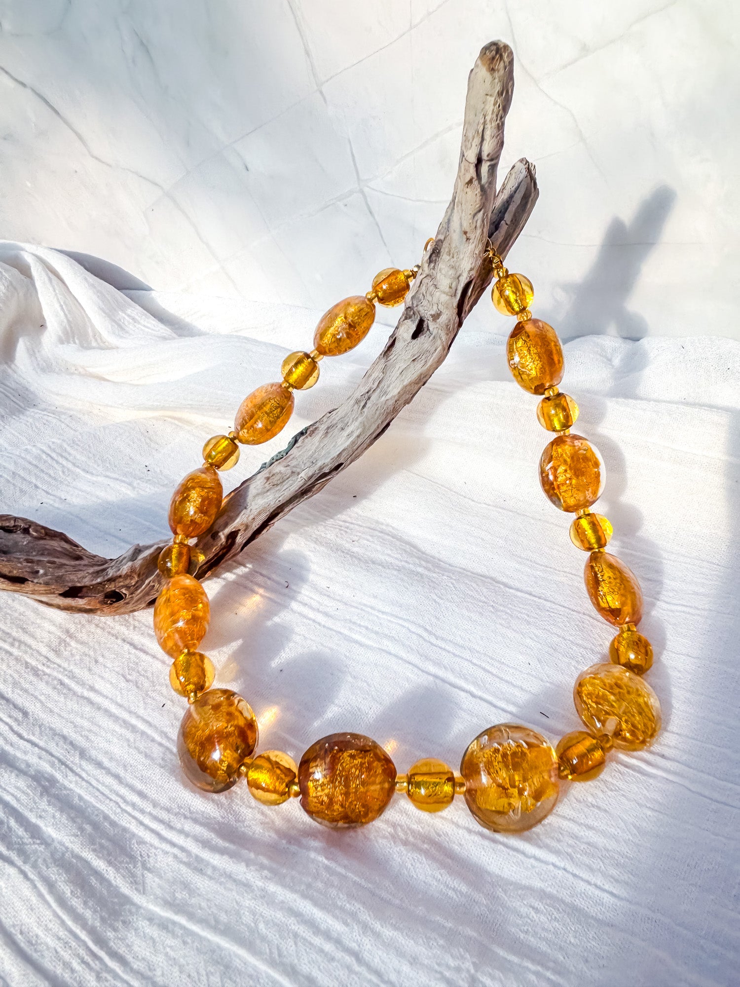Venetian Handmade Round Disc Beads in Amber & Gold Necklace - Beadsmith