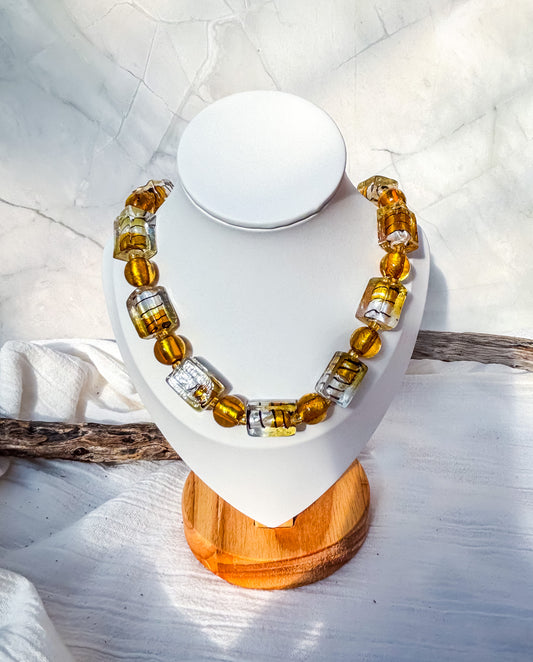 Rectangle Amber Striped Handmade Beaded Necklace - Beadsmith