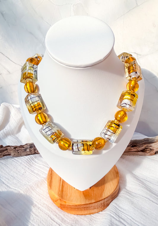 Rectangle Amber Striped Handmade Beaded Necklace with Round Gold Bead variation