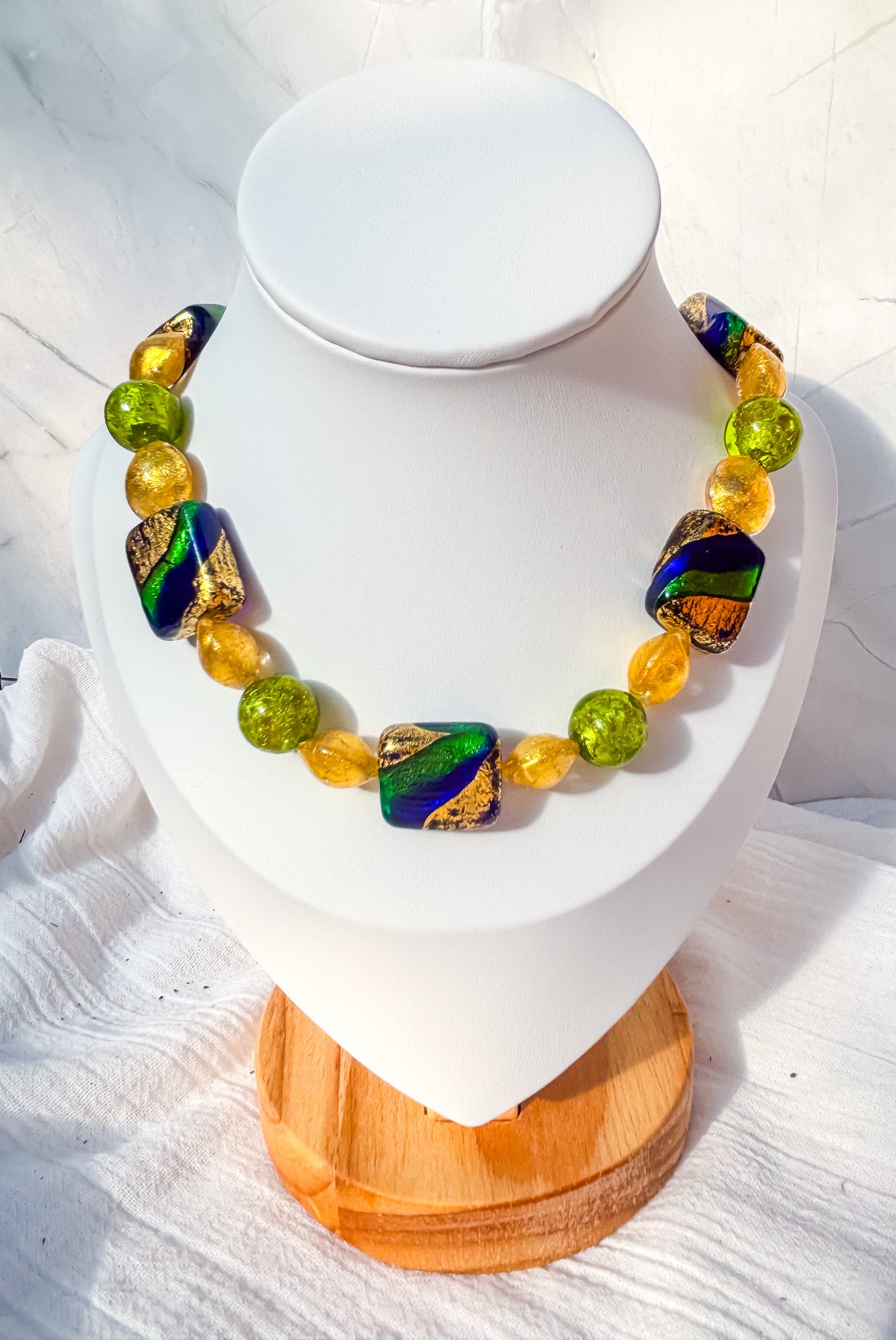 Blue, Green & Gold Rectangle Feature Bead Necklace with Green & Yellow Accents - Beadsmith