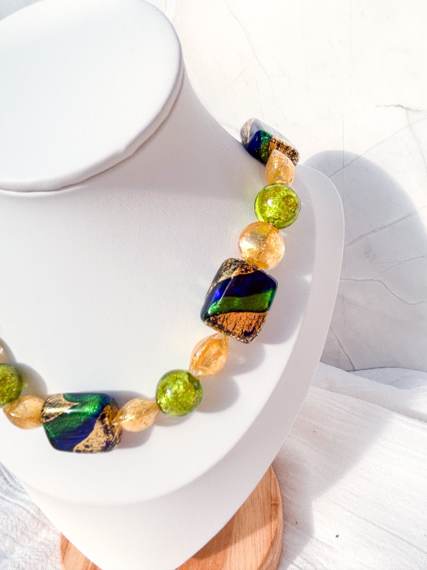 Blue, Green & Gold Rectangle Feature Bead Necklace with Green & Yellow Accents - Beadsmith