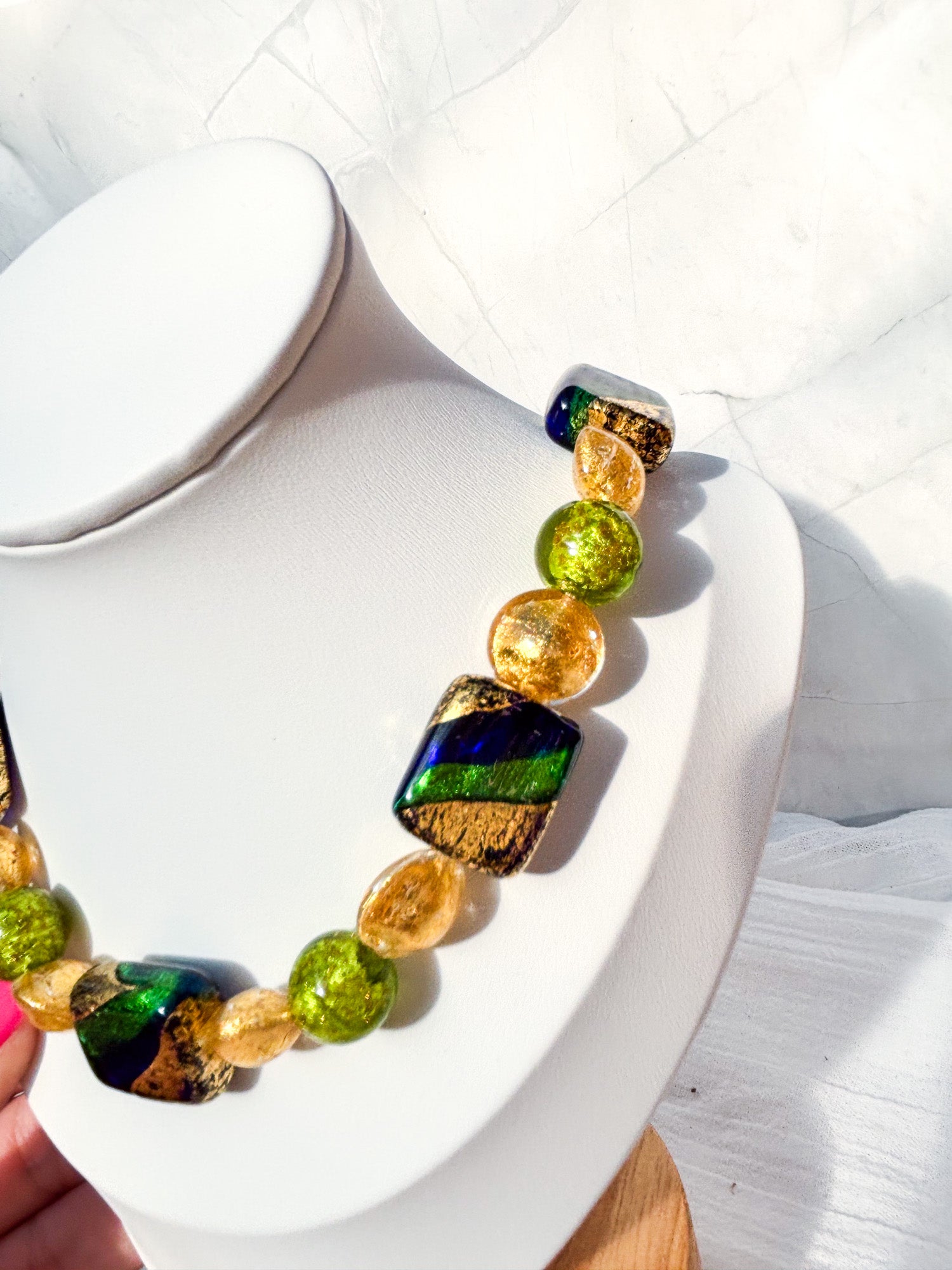 Blue, Green & Gold Rectangle Feature Bead Necklace with Green & Yellow Accents - Beadsmith
