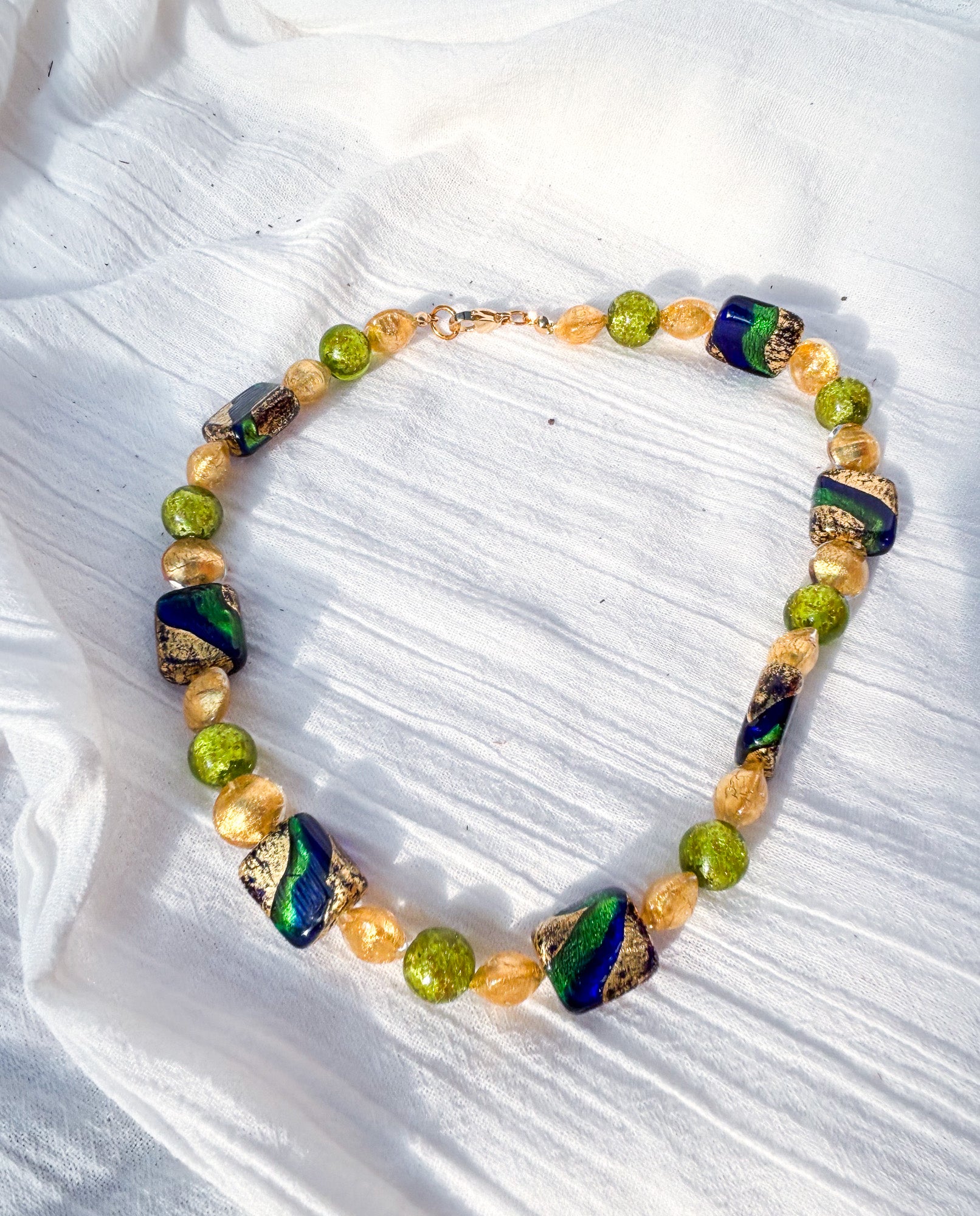 Blue, Green & Gold Rectangle Feature Bead Necklace with Green & Yellow Accents - Beadsmith