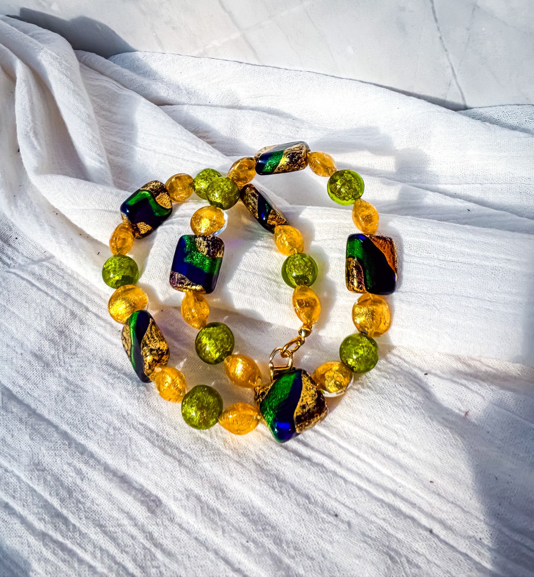 Blue, Green & Gold Rectangle Feature Bead Necklace with Green & Yellow Accents - Beadsmith