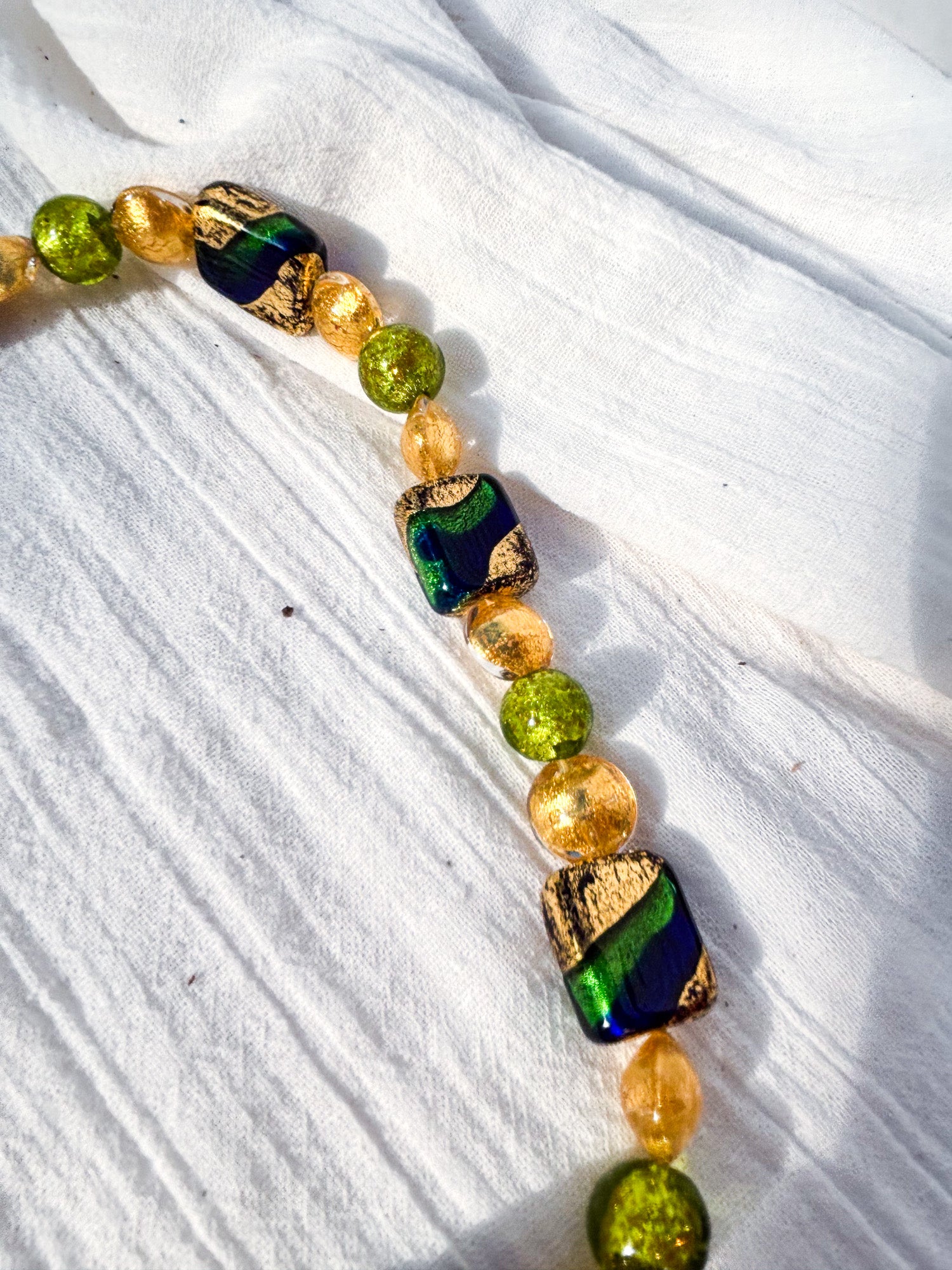 Blue, Green & Gold Rectangle Feature Bead Necklace with Green & Yellow Accents - Beadsmith