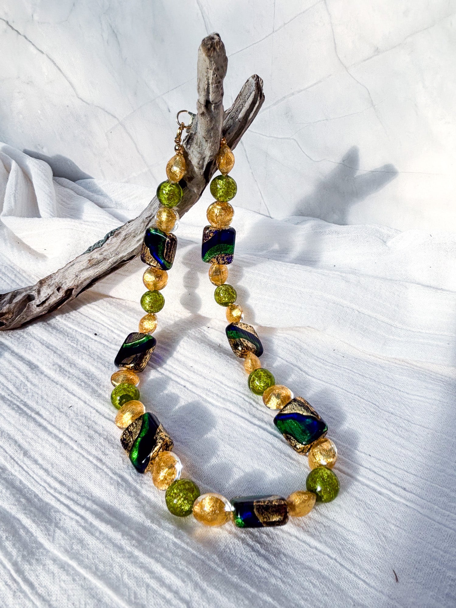 Blue, Green & Gold Rectangle Feature Bead Necklace with Green & Yellow Accents - Beadsmith