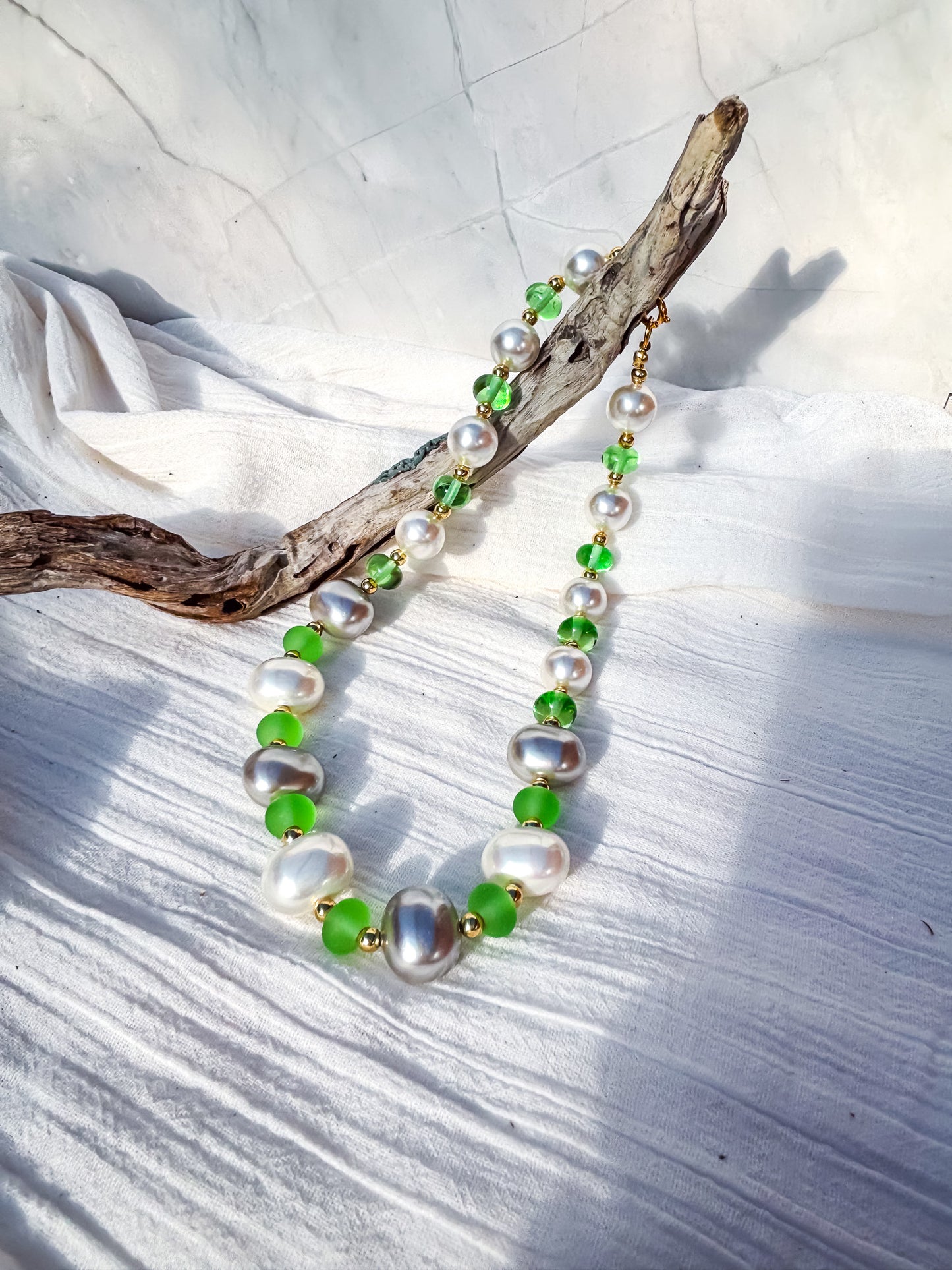 Grey & White Pearl Beads with Frosted Green Accent Beads Necklace - Beadsmith