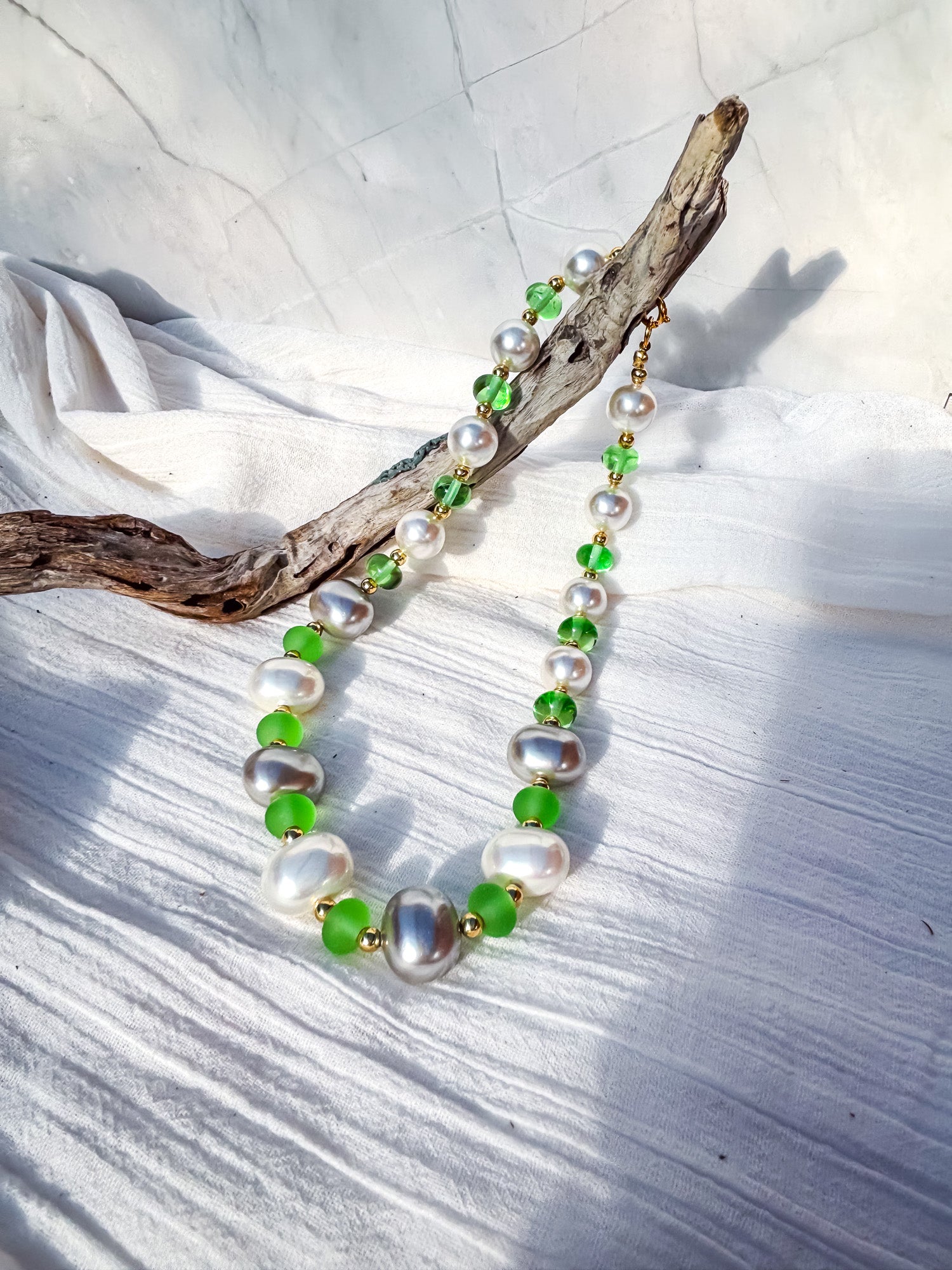 Grey & White Pearl Beads with Frosted Green Accent Beads Necklace - Beadsmith