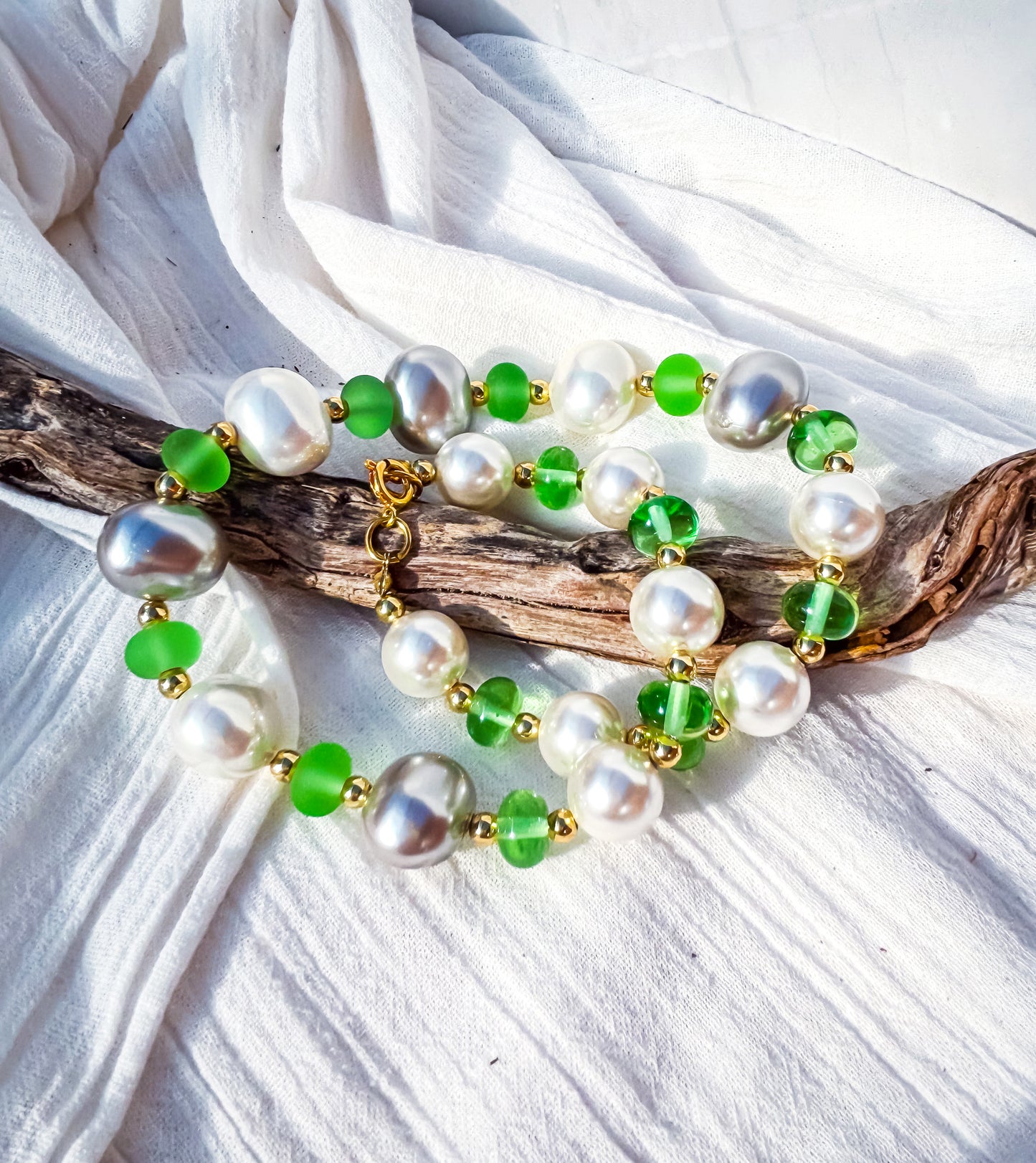 Grey & White Pearl Beads with Frosted Green Accent Beads Necklace - Beadsmith