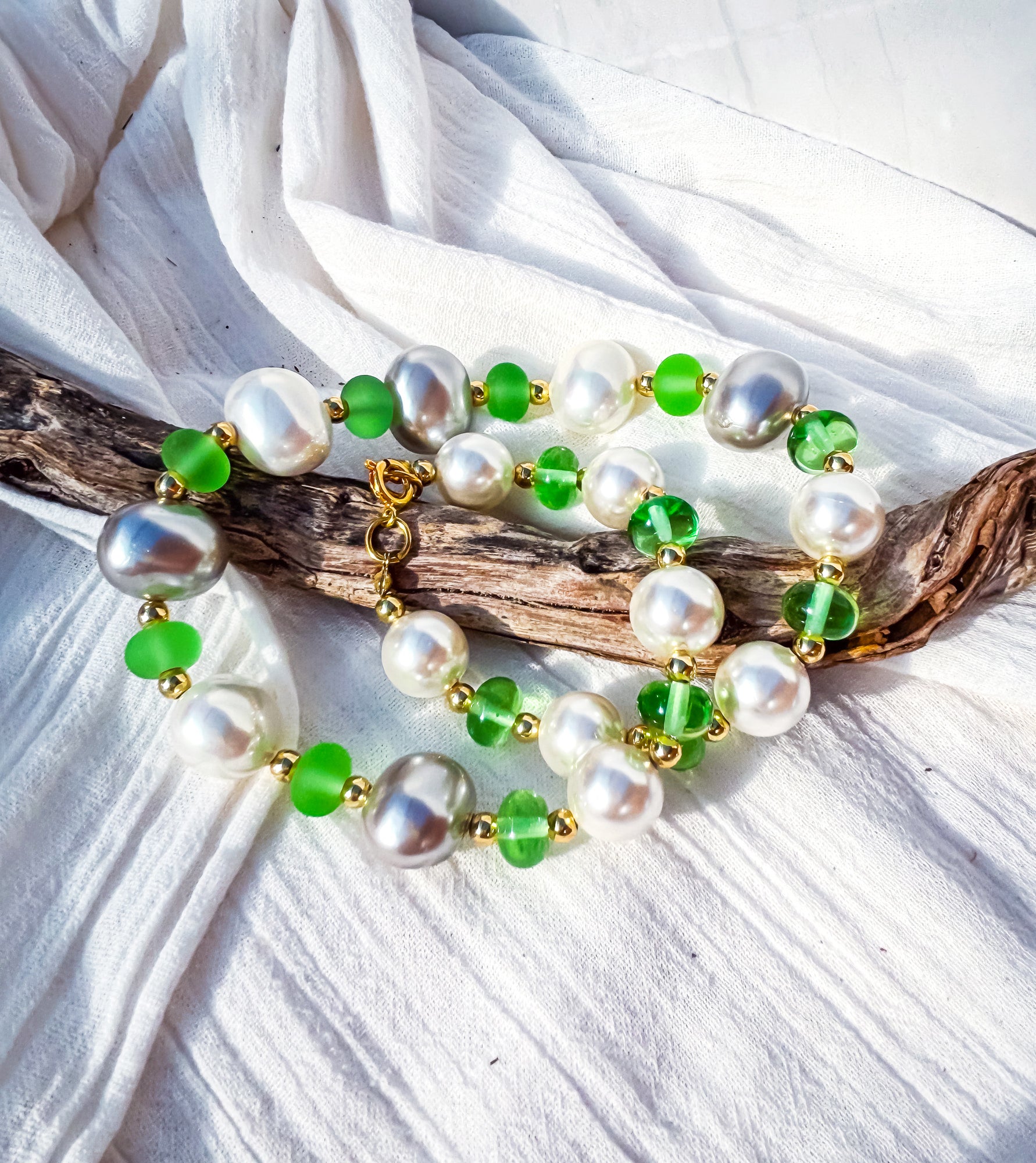 Grey & White Pearl Beads with Frosted Green Accent Beads Necklace - Beadsmith