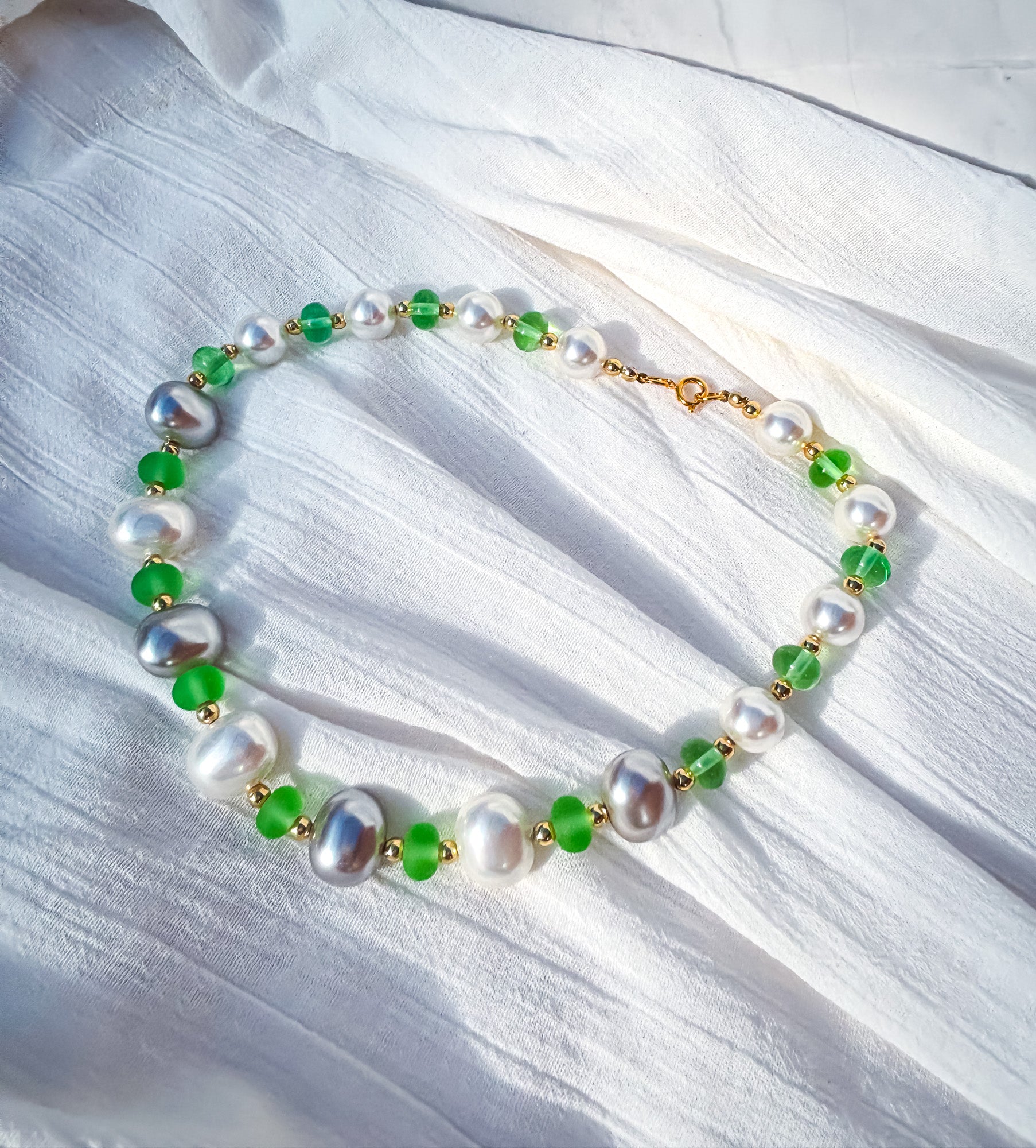 Grey & White Pearl Beads with Frosted Green Accent Beads Necklace - Beadsmith
