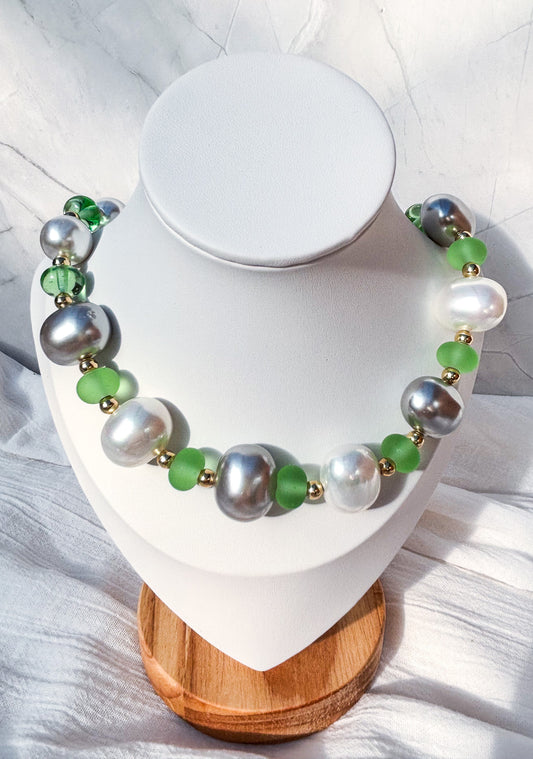 Grey & White Pearl Beads with Frosted Green Accent Beads Necklace - Beadsmith