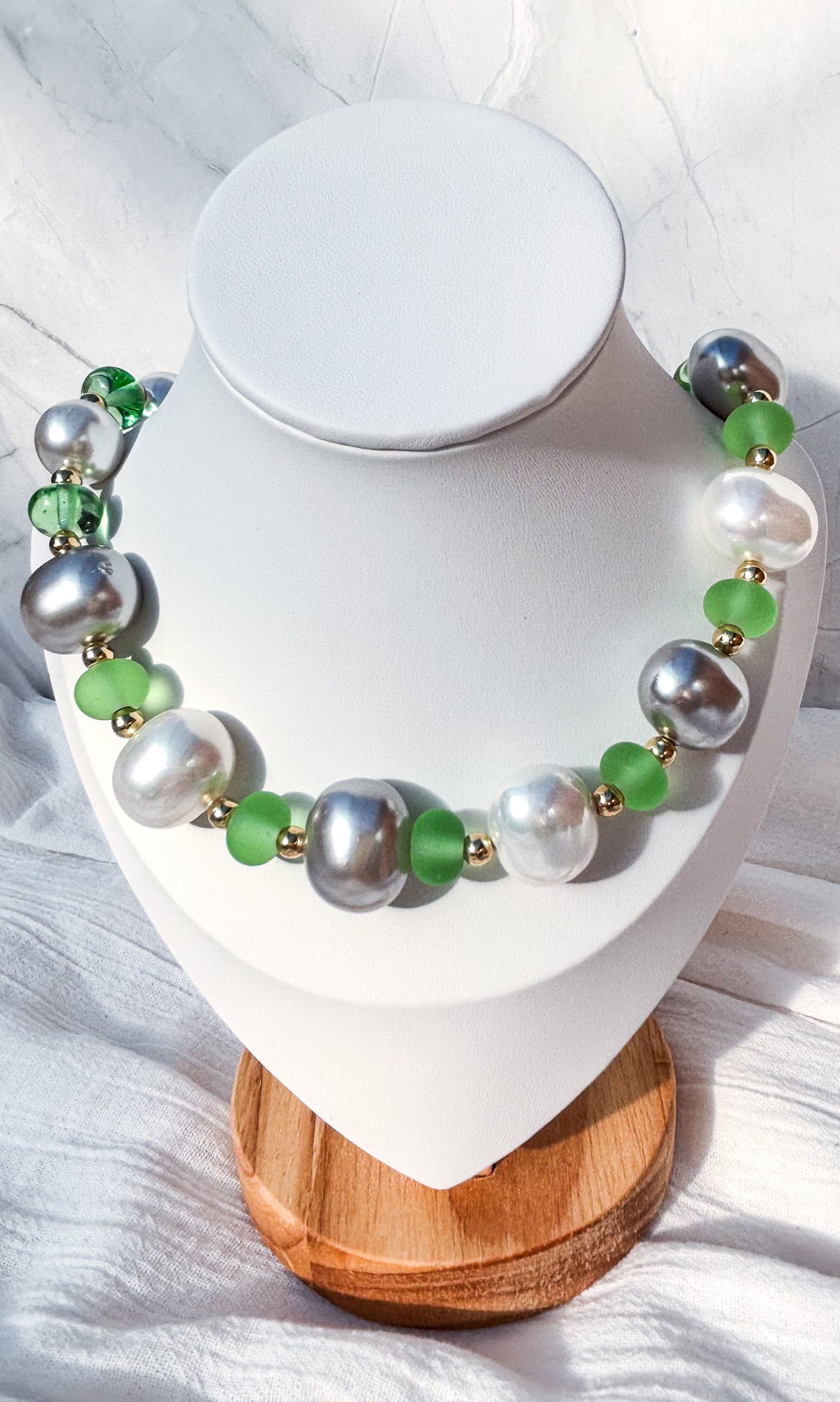 Grey & White Pearl Beads with Frosted Green Accent Beads Necklace - Beadsmith