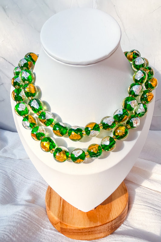 Long Green, White & Gold Round Beaded Necklace - Beadsmith