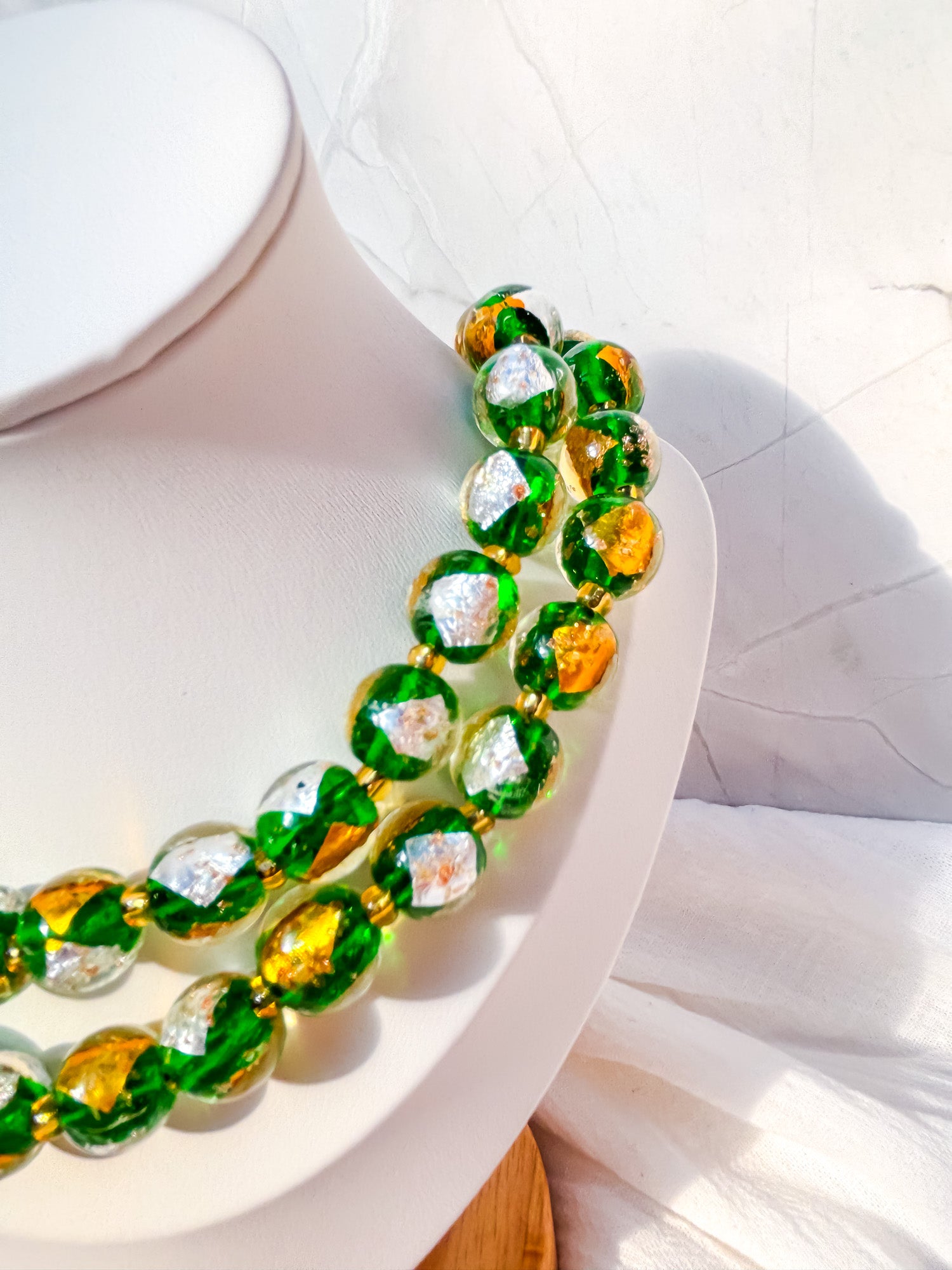 Long Green, White & Gold Round Beaded Necklace - Beadsmith