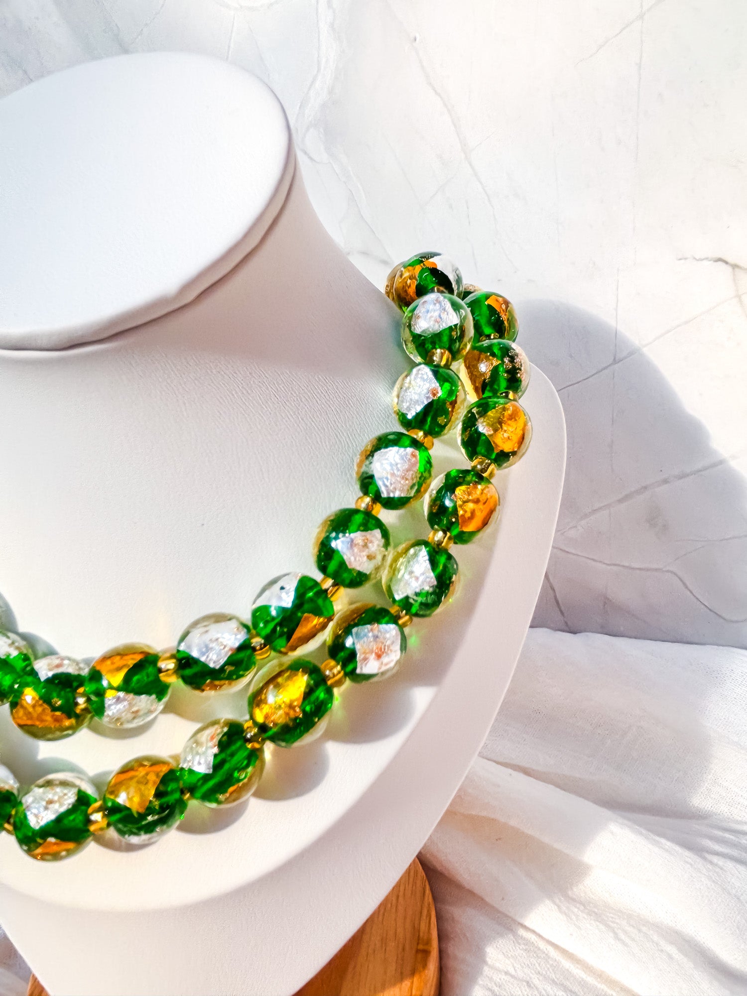 Long Green, White & Gold Round Beaded Necklace - Beadsmith