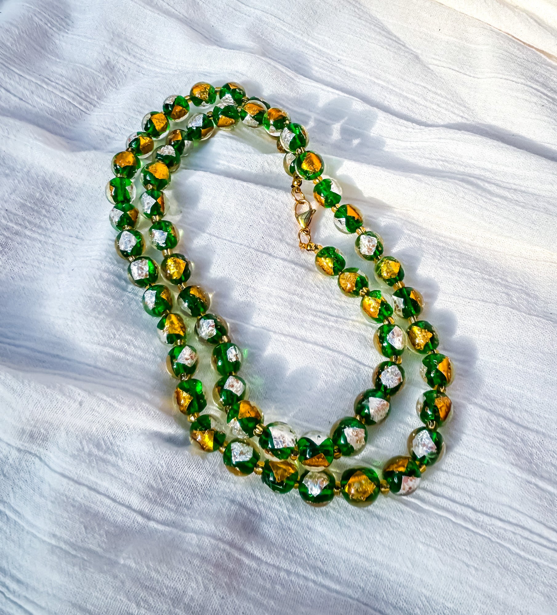 Long Green, White & Gold Round Beaded Necklace - Beadsmith