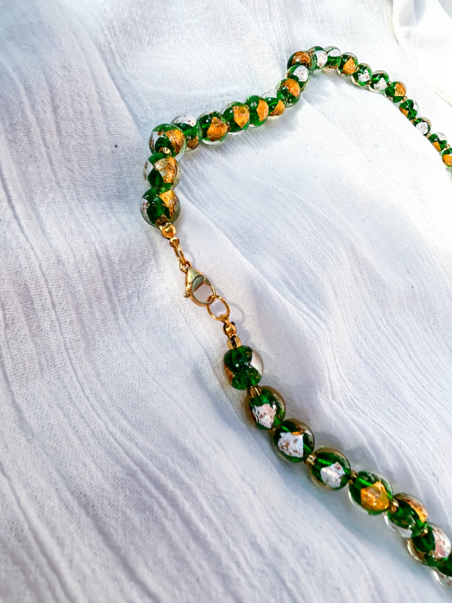 Long Green, White & Gold Round Beaded Necklace - Beadsmith