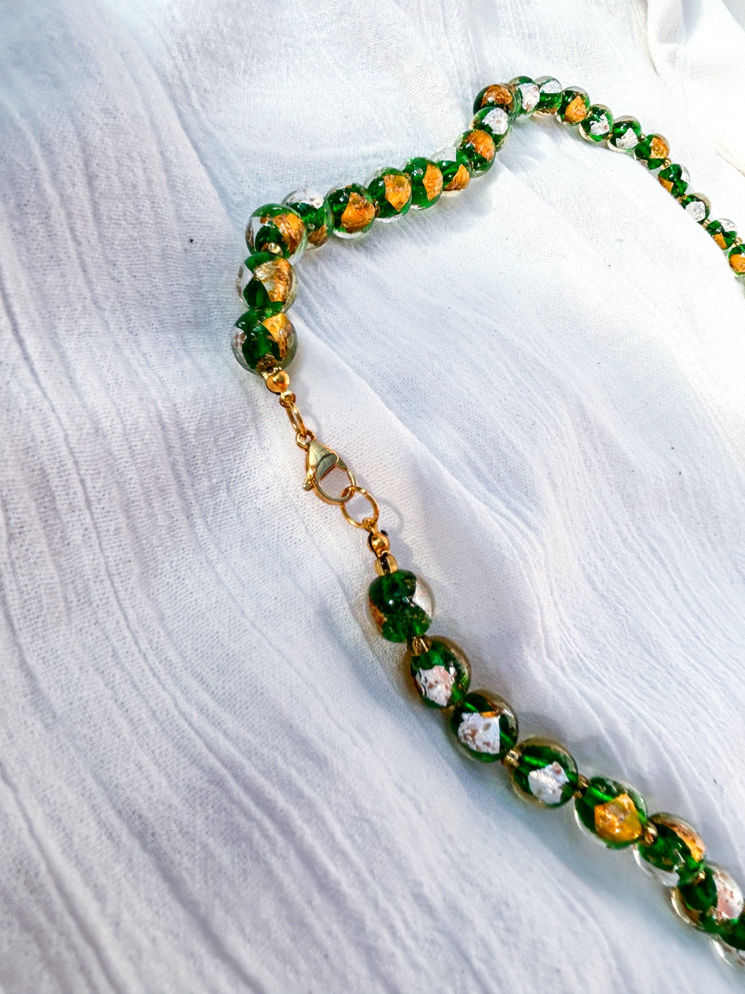 Long Green, White & Gold Round Beaded Necklace - Beadsmith