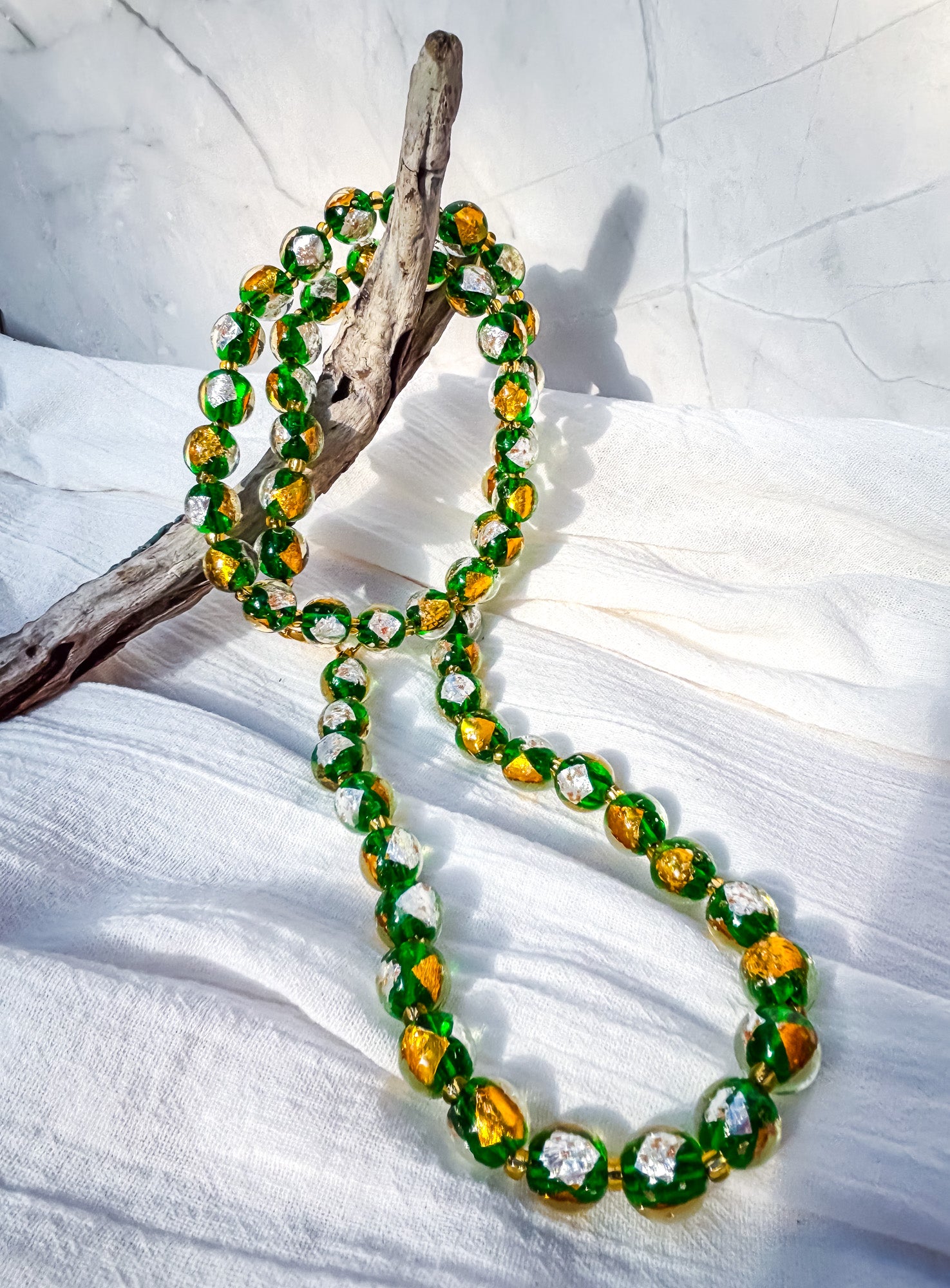 Long Green, White & Gold Round Beaded Necklace - Beadsmith