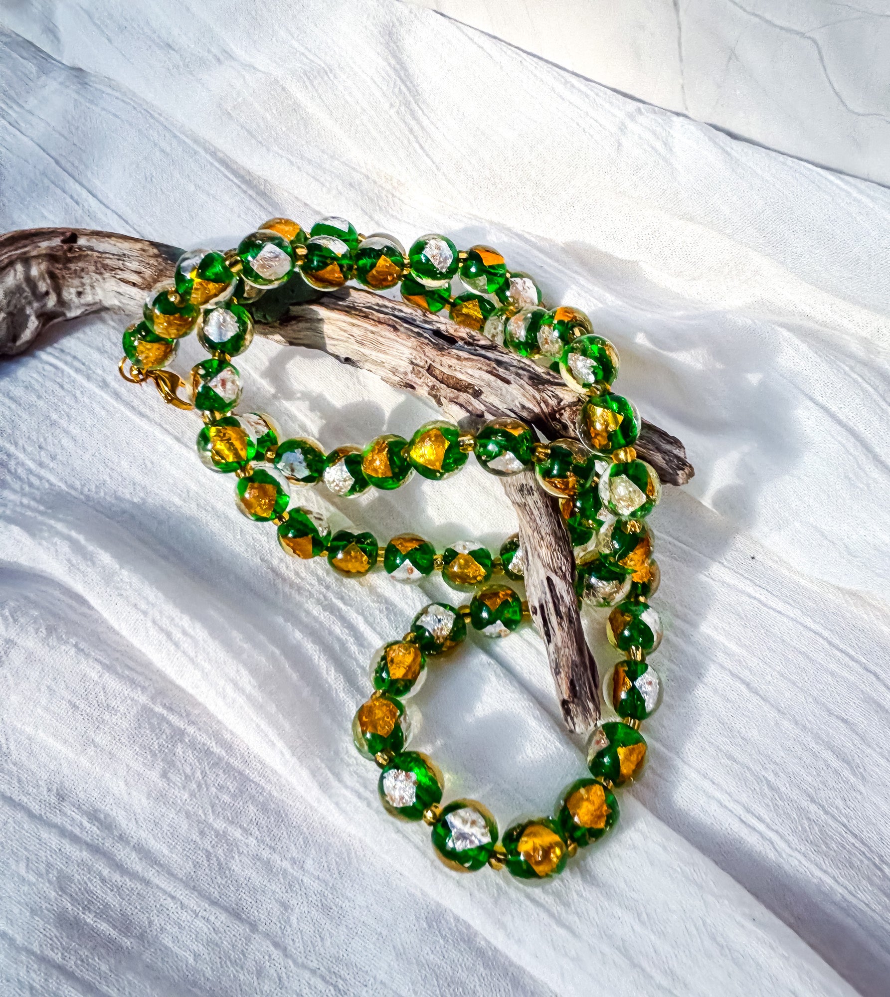 Long Green, White & Gold Round Beaded Necklace - Beadsmith