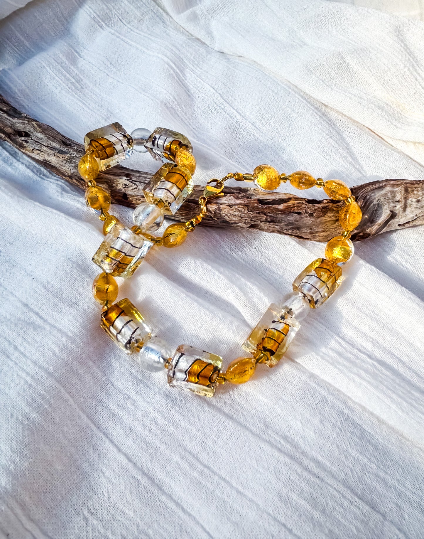 Rectangle Amber Striped Handmade Beaded Necklace with Round Gold Bead variation
